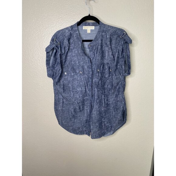 Michael Kors Womens Blue Blouse 12 short sleeve v-neck button up  cotton - Picture 1 of 6